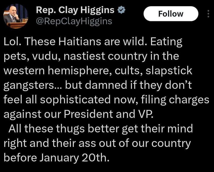 Rep. Clay Higgins (R-La.) posted a threatening tweet on Sept. 25, 2024, based on debunked claims about Haitian immigrants in Springfield, Ohio.