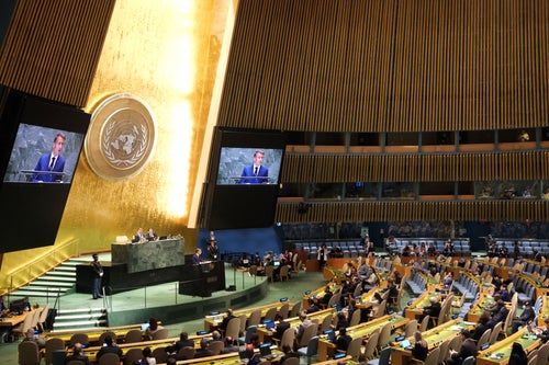 French President Emmanuel Macron speaks during the 79th Session of the United Nations General Assembly at the United Nations headquarters in New York City on September 25, 2024. (Photo by Charly TRIBALLEAU / AFP) (Photo by CHARLY TRIBALLEAU/AFP via Getty Images)