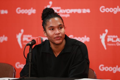 UNCASVILLE, CT - SEPTEMBER 25: Alyssa Thomas #25 of the Connecticut Sun talks to the media after the game against the Indiana Fever during Round 1 Game 2 of the 2024 WNBA Playoffs on Septmember 25, 2024 at the Mohegan Sun Arena in Uncasville, Connecticut. (Photo by Chris Marion/NBAE via Getty Images)