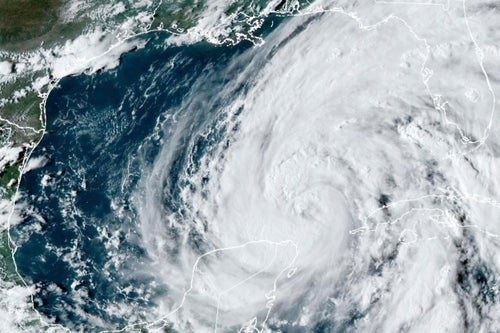 This GOES-16 GeoColor satellite image taken at 5:51 p.m. EDT and provided by National Oceanic and Atmospheric Administration (NOAA) shows Hurricane Helene in the Gulf of Mexico, on Sept. 25 2024. (