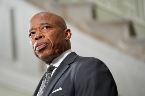FILE - New York City Mayor Eric Adams speaks to members of the press at a news conference in New York, Monday, Sept. 16, 2024. (AP Photo/Seth Wenig, File)