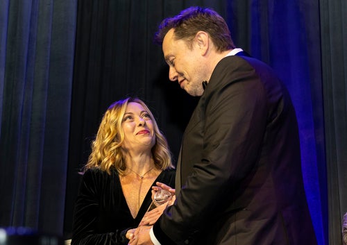 Elon Musk presents Giorgia Meloni with an award during the Global Citizen Awards dinner in New York on Monday. The duo had very nice things to say about one another during the event.