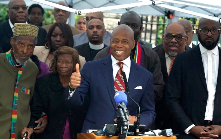 New York City Mayor Eric Adams speaks to the press Thursday outside Gracie Mansion, the official residence of the mayor of New York City, after being indicted on federal crimes.