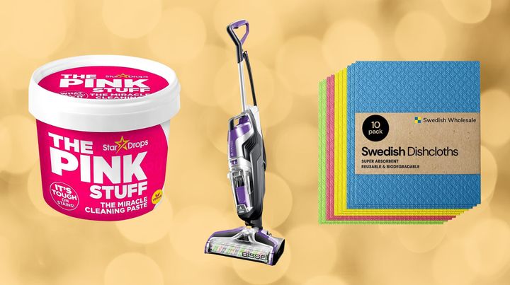 The Pink Stuff, a Bissell mop vacuum and Swedish dishcloths.