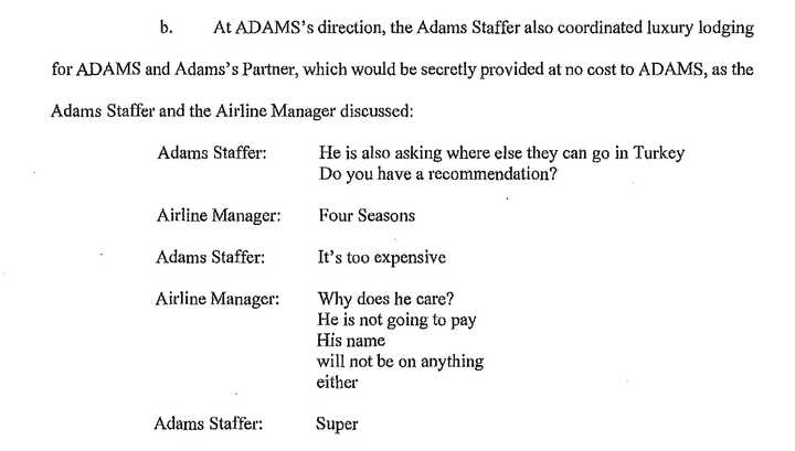 The DOJ indictment contained several text message exchanges discussing freebies for Adams.