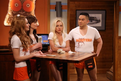 Chloe Fineman, Sarah Sherman, Sydney Sweeney and Bowen Yang in the "Hooters Waitress" sketch on “Saturday Night Live” in March.