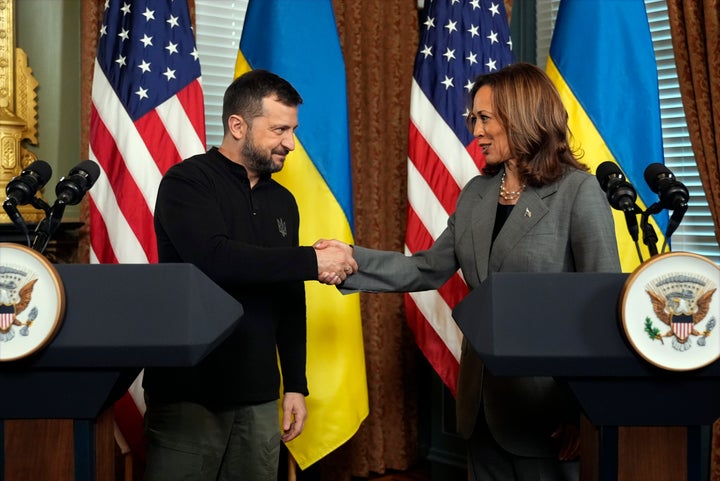 Vice President Kamala Harris meets with Ukraine's President Volodymyr Zelenskyy, Thursday, Sept. 26, 2024, in the vice president's ceremonial office inside the Eisenhower Executive Office Building on the White House complex in Washington. (AP Photo/Jacquelyn Martin)