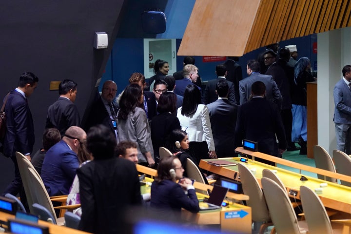 Delegates leave the General Assembly as Israel Prime Minister Benjamin Netanyahu addresses the 79th session of the United Nations General Assembly, Friday, Sept. 27, 2024. (AP Photo/Richard Drew)