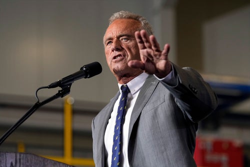 Robert F. Kennedy, Jr., speaks before Republican presidential nominee former President Donald Trump at a campaign event, Friday, Sept. 27, 2024 in Walker, Mich.