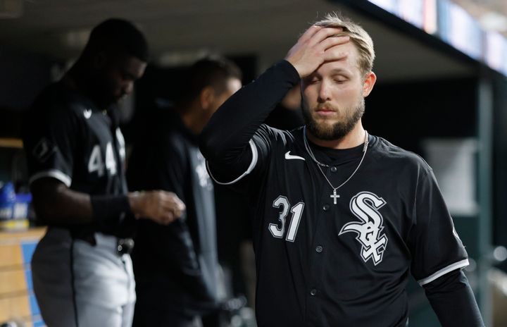 Chicago White Sox's Zach DeLoach (31) walks through the dugout during the ninth inning of a loss to the Detroit Tigers in a baseball game Friday, Sept. 27, 2024, in Detroit. (AP Photo/Duane Burleson)