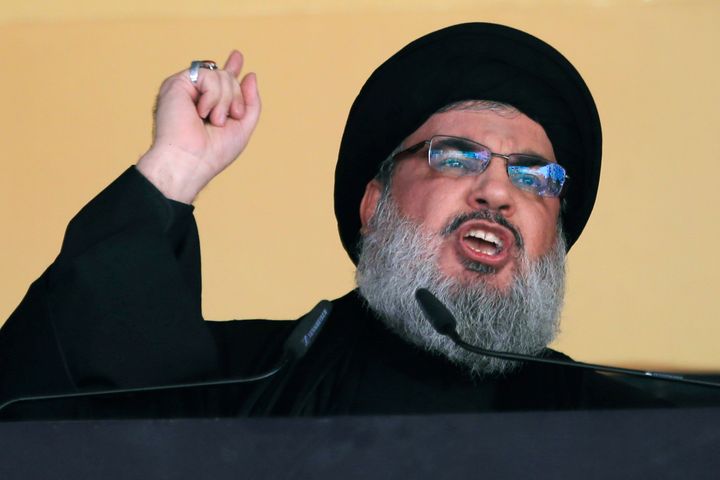 In this Oct. 24, 2015 file photo, Hezbollah leader Sheik Hassan Nasrallah addresses a crowd during the holy day of Ashoura, in a southern suburb of Beirut, Lebanon. (AP Photo/Hassan Ammar, File)