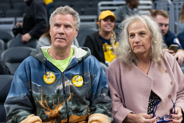 Will Ferrell and Harper Steele attend the Indiana Pacers vs. Philadelphia 76ers game at Gainbridge Fieldhouse on March 6, 2023, in Indianapolis, Indiana. 