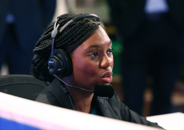 Kemi Badenoch, former UK business secretary and Conservative Party leadership candidate, takes part in a radio interview on the opening day of the Conservative Party annual conference in Birmingham.