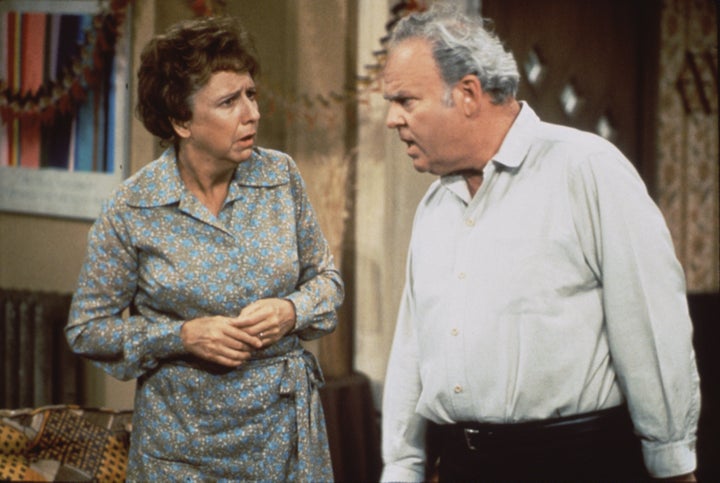 Jean Stapleton and Carroll O'Connor as married couple Edith and Archie Bunker, in a scene from an episode of the "All in the Family."