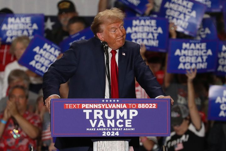 Republican presidential nominee former President Donald Trump speaks at a campaign rally at Bayfront Convention Center in Erie, Pa., Sunday, Sept. 29, 2024.