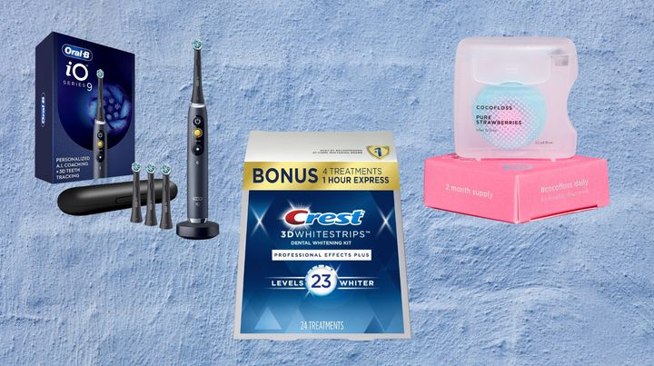 The Oral-B iO Series 9 electric toothbrush, Crest 3D Whitestrips and Cocofloss dental floss.