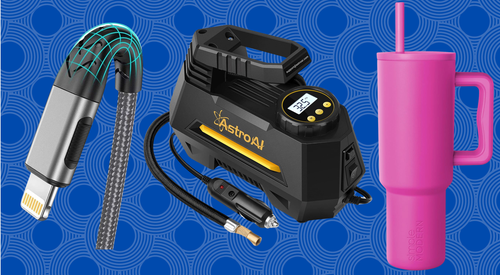 A Lightning charging cable, tire air pump and 40-ounce tumbler.
