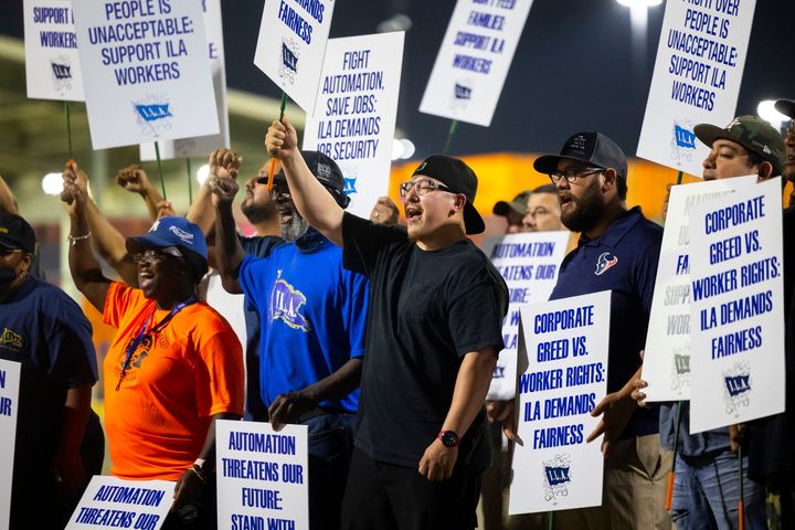 Longshore strike at midnight at Bayport Terminal on Tuesday, October 1, 2024 in Houston. (AP Photo/Annie Mulligan)