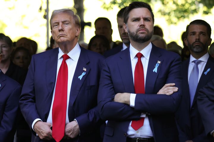 Republican presidential nominee former President Donald Trump and Republican vice presidential nominee Sen. JD Vance (R-Ohio) attend the 9/11 Memorial ceremony on Sept. 11 in New York.