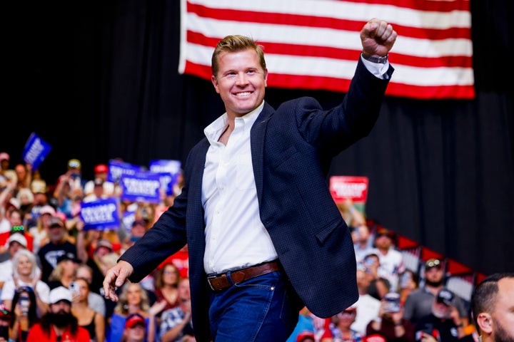 Montana Republican U.S. Senate candidate Tim Sheehy walks up to the stage during a rally for Republican presidential nominee and former President Donald Trump at the Brick Breeden Fieldhouse at Montana State University on Aug. 9 in Bozeman, Montana.