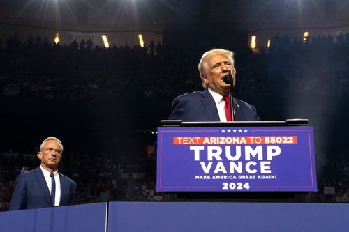 GOP presidential nominee Donald Trump, right, speaks as former candidate Robert F. Kennedy Jr. listens at a campaign rally in Arizona in August. Both men have been the subject of internet speculation lately.