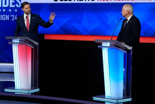 Sen. JD Vance (R-Ohio), the Republican vice presidential nominee, speaks during a debate, hosted by CBS News, with Democratic vice presidential candidate Tim Walz, the governor of Minnesota, on Tuesday in New York City.