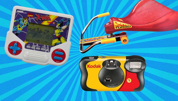 Handheld gaming device, Kodak disposable camera and Roller Racer toy