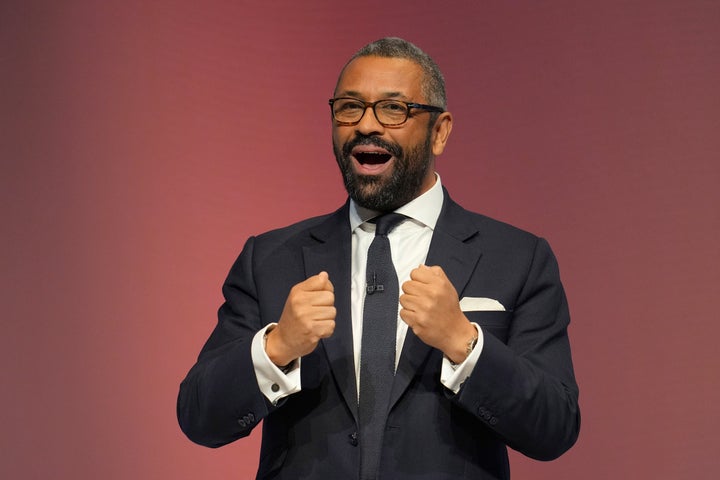 Conservative leadership candidate James Cleverly addresses members during the Conservative Party Conference at the International Convention Centre in Birmingham, England, Wednesday, Oct. 2, 2024.