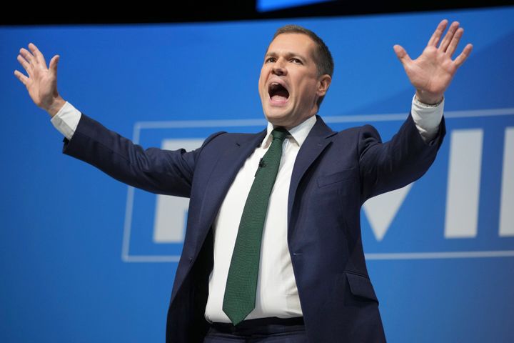 Conservative leadership candidate Robert Jenrick addresses members during the Conservative Party Conference at the International Convention Centre in Birmingham, England, Wednesday, Oct. 2, 2024.