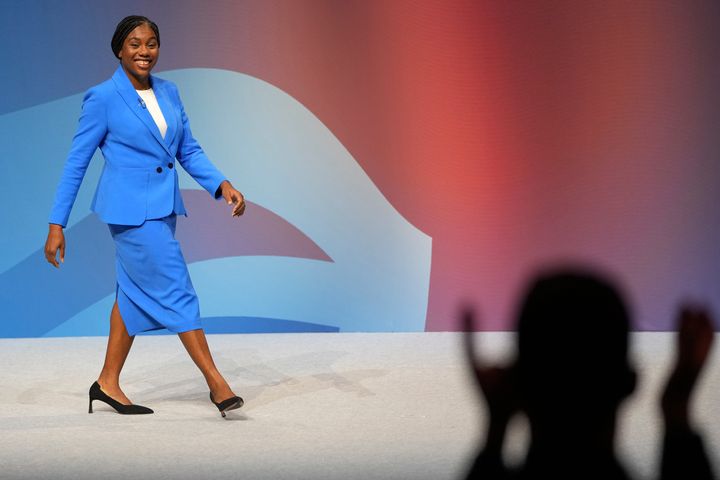 Conservative leadership candidate Kemi Badenoch addresses members during the Conservative Party Conference at the International Convention Centre in Birmingham, England, Wednesday, Oct. 2, 2024.