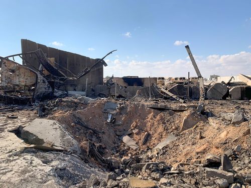 A picture taken on Jan. 13, 2020, during a press tour shows some of the damage at Ain al-Asad military airbase housing U.S. and other foreign troops in the western Iraqi province of Anbar.