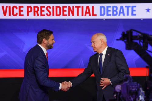 Sen. JD Vance and Gov. Tim Walz meet for the vice presidential debate on Oct. 1, 2024, at the CBS Broadcast Center in New York City.