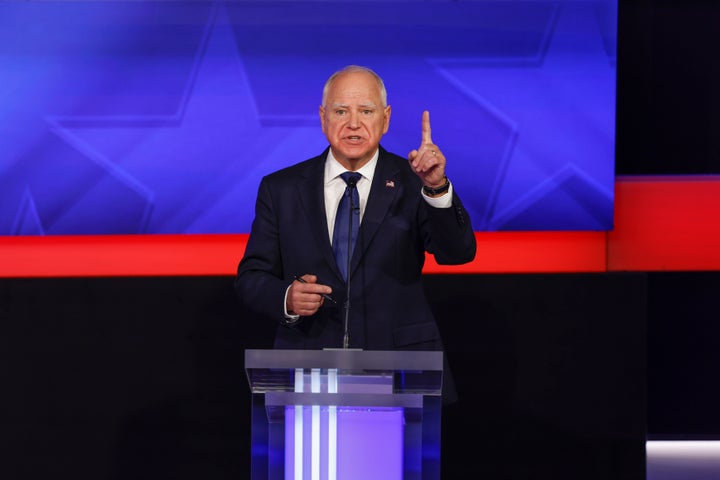 Gov. Tim Walz at the 2024 vice presidential debate hosted by CBS, and moderated by Norah O'Donnell and Margaret Brennan on Tuesday.