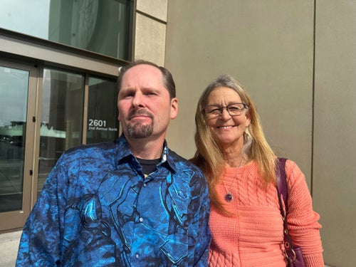Richard Rogers and his wife Laurie are seen outside the James F. Battin Federal Courthouse in Billings, Montana, on Tuesday.