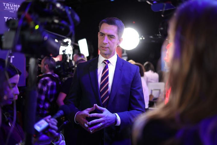 US Sen. Tom Cotton (R-Ark.) speaks to reporters in the spin room after the vice presidential debate between Sen. JD Vance (Ohio) and Minnesota Governor and Minnesota Gov. Tim Walz on Oct. 1.