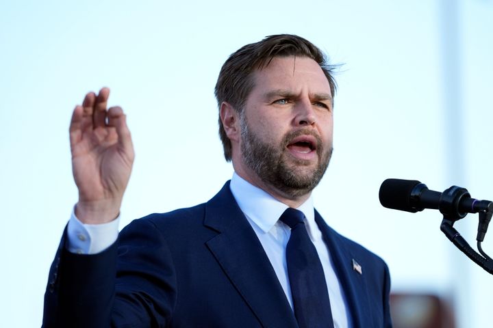 Republican vice presidential nominee Sen. JD Vance, R-Ohio speaks during a campaign event at the Berlin Raceway Wednesday, Oct. 2, 2024