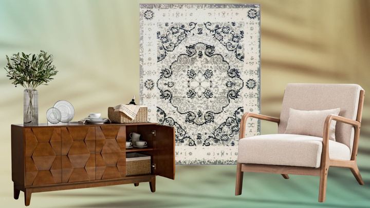 A decorative wood sideboard, a stain-resistant area rug and a linen-blend upholstered accent chair. 