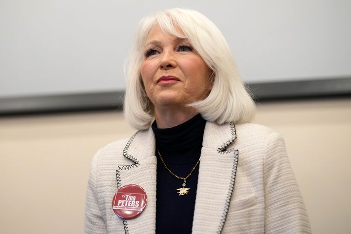 Tina Peters speaks during a debate on Saturday, Feb. 25, 2023, in Hudson, Colo. (AP Photo/David Zalubowski, File)