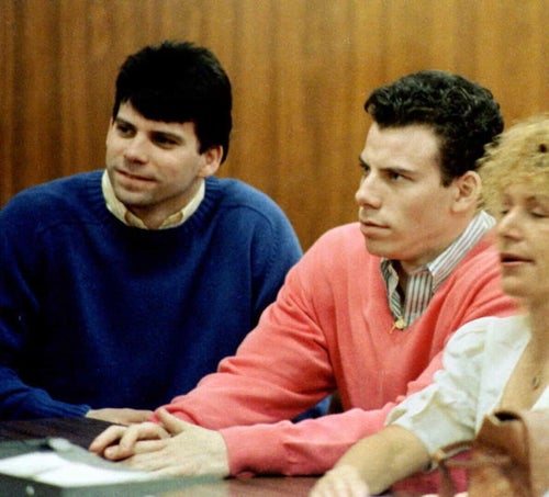 This 1992 file photo shows double murder defendants Erik (right) and Lyle Menendez (left) during a court appearance in Los Angeles.