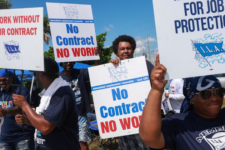 FORT LAUDERDALE, FLORIDA - OCTOBER 03: Port Everglades dockworkers continue their picket near the entrance to the port three days after the union and management failed to reach a consensus on a new labor contract on October 03, 2024 in Fort Lauderdale, Florida. The workers joined with tens of thousands of others on the East and Gulf Coast ports to strike after the International Longshoremen's Association and the US Maritime Alliance, which represents dozens of East and Gulf Coast ports, failed to reach a new labor agreement. (Photo by Joe Raedle/Getty Images)