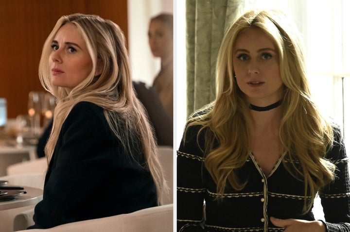 Justine Lupe in Nobody Wants This (left) and Succession (right)