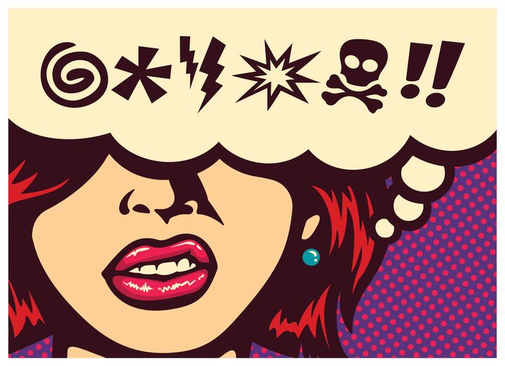 Pop art style comics panel angry woman grinding teeth with speech bubble and swear words symbols vector illustration