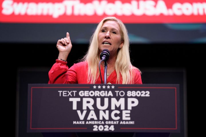 Rep. Marjorie Taylor Greene (R-Ga.) speaking before Republican presidential nominee Donald Trump arrived to deliver remarks at the Johnny Mercer Theatre Civic Center in Savannah, Georgia, last month.