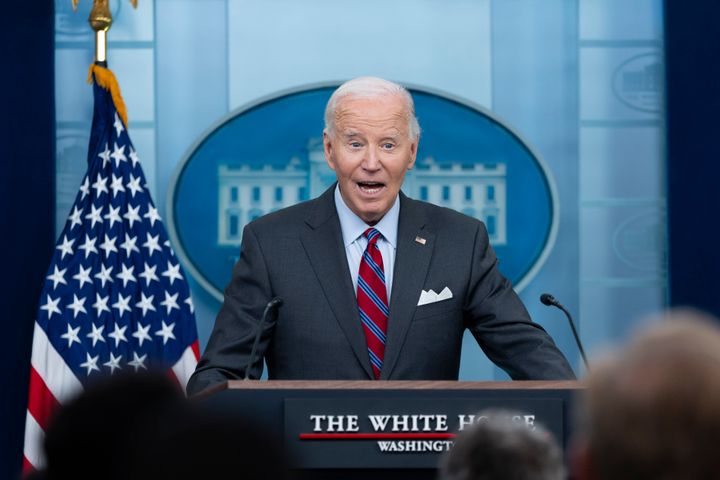 President Joe Biden speaks at the top of the daily press briefing, Friday, Oct. 4, 2024, at the White House in Washington. (AP Photo/Ben Curtis)