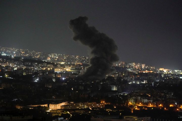 Smoke rises after an Israeli airstrike in Dahiyeh, Beirut, Lebanon, Saturday, Oct. 5, 2024. (AP Photo/Bilal Hussein)