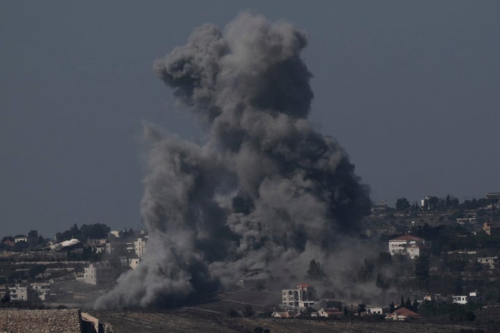 Smoke rises following Israeli bombardment in southern Lebanon as seen from northern Israel, Saturday, Oct. 5, 2024. (AP Photo/Leo Correa)