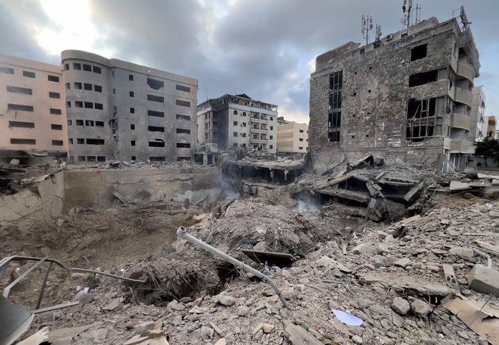 A view of destroyed buildings hit by Israeli airstrikes in Dahiyeh, Beirut, Lebanon, Monday, Oct. 7, 2024. (AP Photo/Hussein Malla)