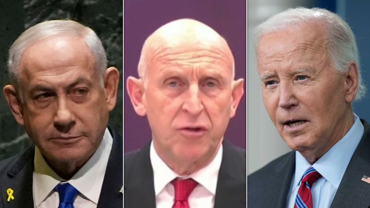 (L-R) Benjamin Netanyahu, John Healey on Sky News, Joe Biden