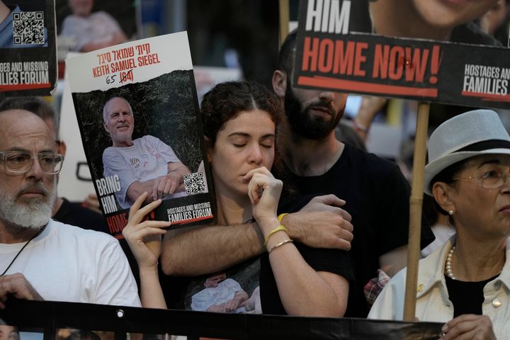 People protest on the one-year anniversary of the Hamas attack on Israel and call for the release of hostages held by Hamas in the Gaza Strip, outside Prime Minister Benjamin Netanyahu's house, in Jerusalem, Monday, Oct. 7, 2024. (AP Photo/Mahmoud Illean)