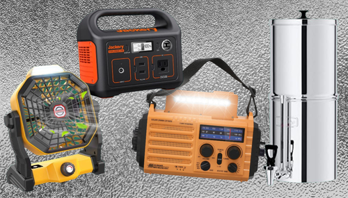 Camping fan, Jackery power bank, emergency radio, water filter